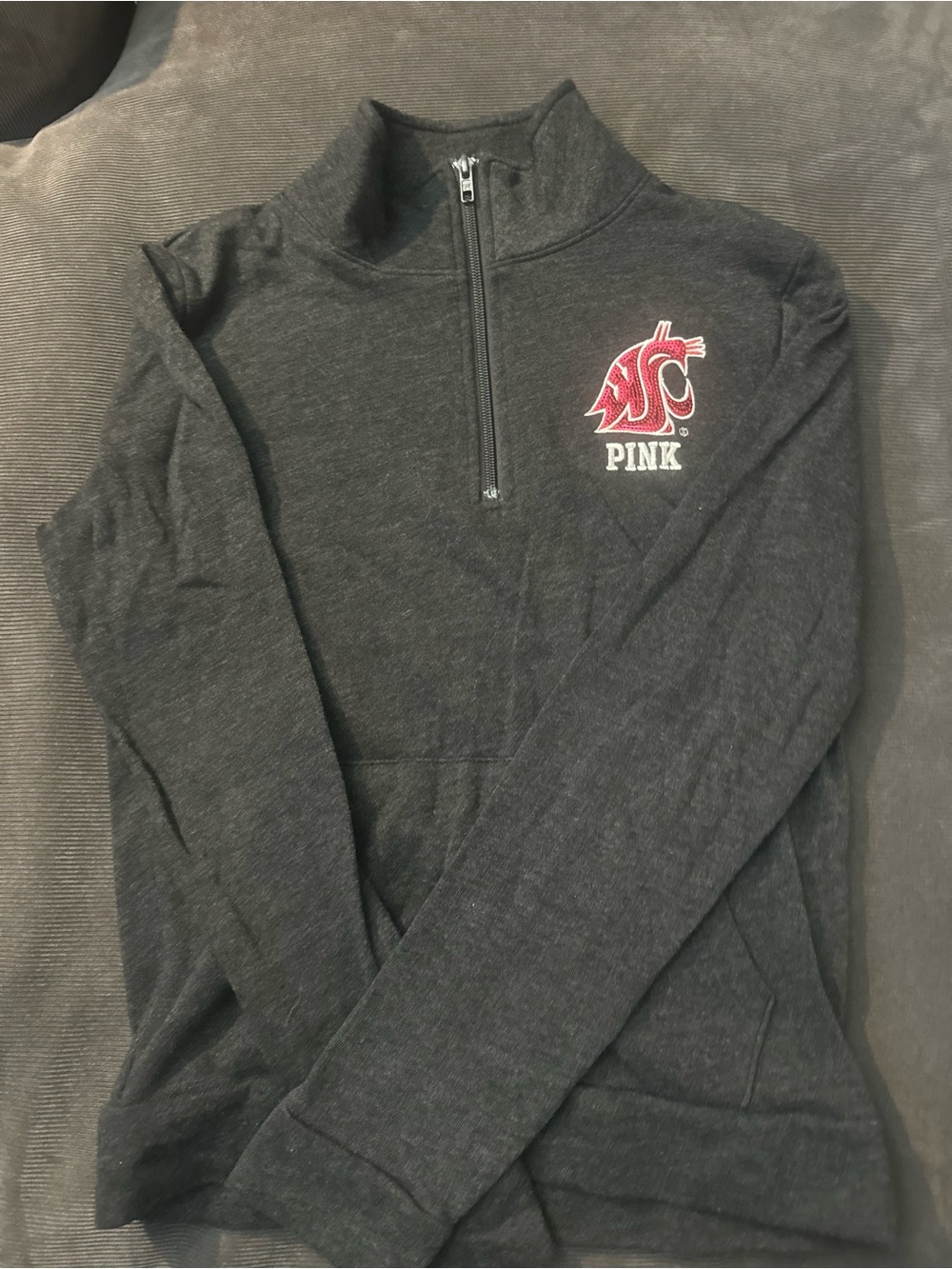PINK Victoria's Secret Charcoal Half-Zip Pullover with Red Logo